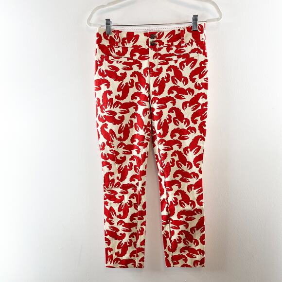 Anthropologie The Essential Slim Cropped Trouser Pants Lobster Print Red 0 - Picture 4 of 11